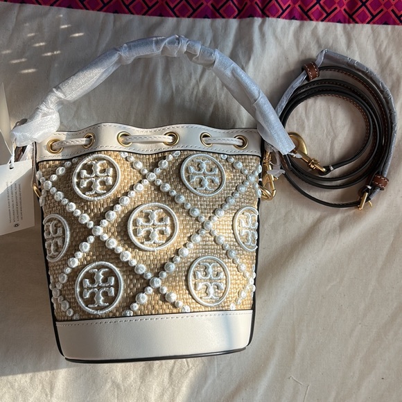 Tory Burch T Monogram Embroidered Raffia Mini Bucket Bag New Ivory - Picture 3 of 10